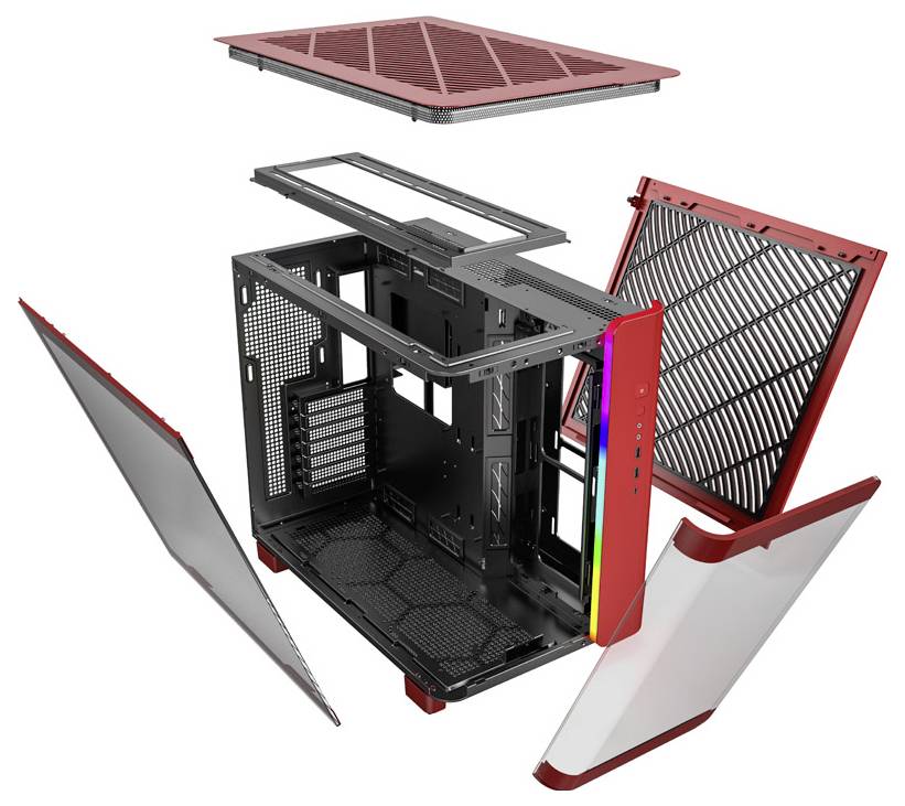 Explodierte Darstellung eines Computergehäuses mit abgenommenen Seiten, Ober- und Unterteilen, zeigt den Innenraum des Gehäuses.