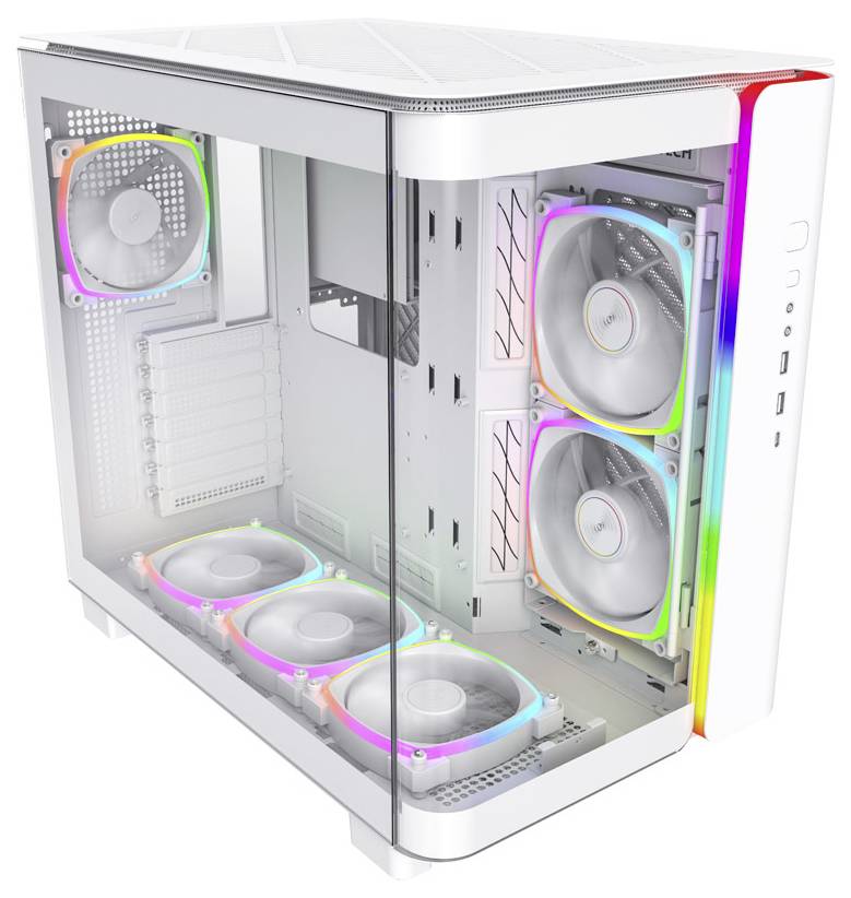 Weißes Computergehäuse mit Seitenglas, ausgestattet mit mehreren RGB-Lüftern für Kühlung und Beleuchtung im Inneren.