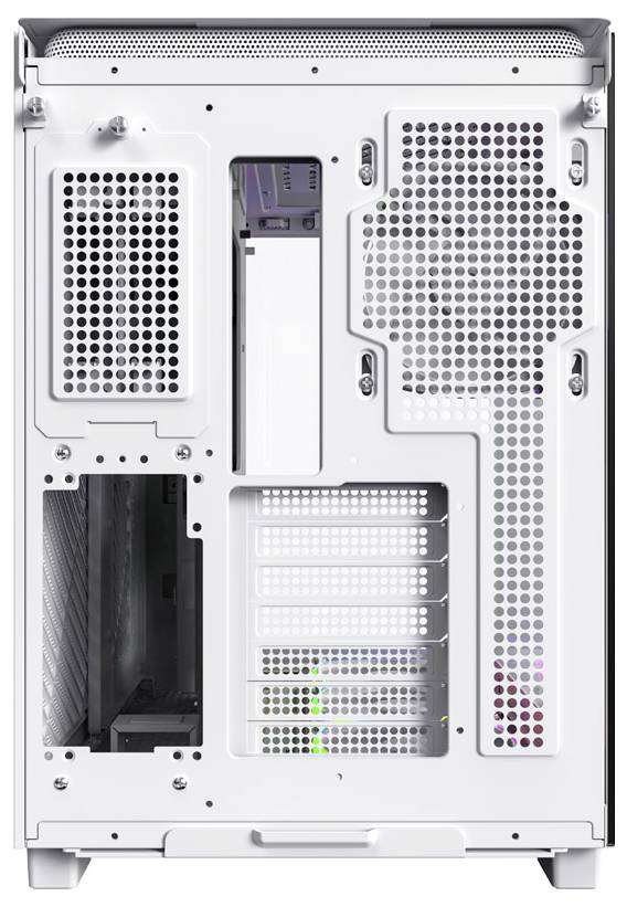 'Rückseite eines Computergehäuses mit mehreren Lüftungsgittern und Steckplatzöffnungen, zeigt interne Anordnung und Kühlungsdesign.'