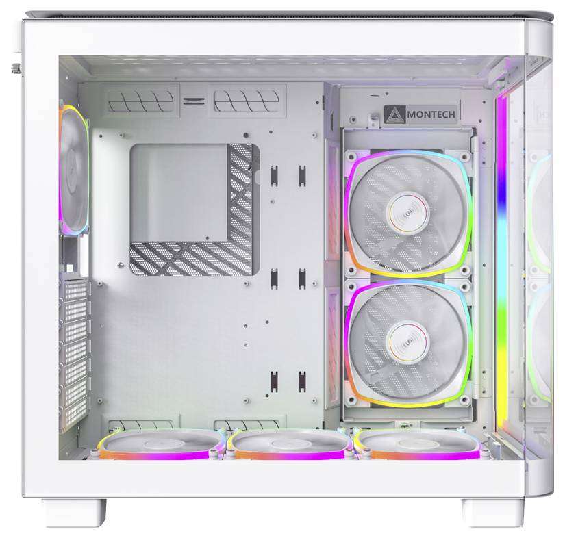 Weiße PC-Gehäuse mit durchsichtiger Front und LED-beleuchteten Lüftern. Markenname 'Montech' sichtbar oben rechts.