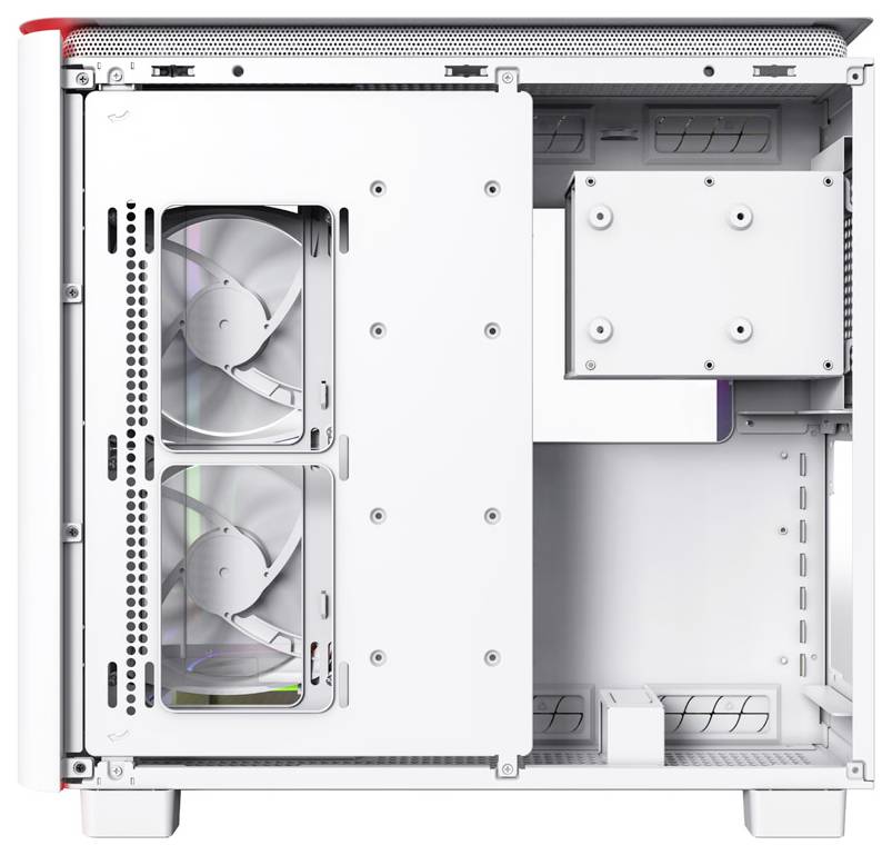 Offenes Computergehäuse mit weißem Inneren, zwei sichtbaren Lüftern auf der linken Seite und Platz für Komponenten auf der rechten Seite.