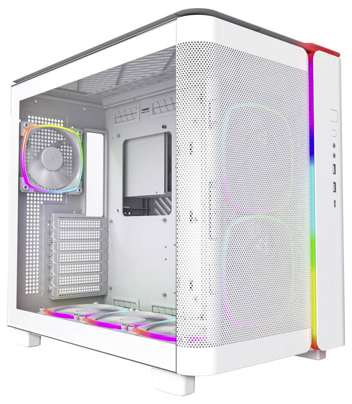 Ein weißes, leeres Computergehäuse mit seitlicher Glasscheibe und RGB-Beleuchtung. Ventilator und mehrere Erweiterungssteckplätze sichtbar.
