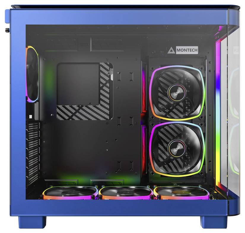 Blaues Computergehäuse mit transparentem Seitenpanel, das bunte RGB-Lüfter sowie ein internes Layout für PC-Komponenten zeigt.