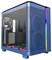 Blauer Computergehäuse mit durchsichtigem Seitenteil, zeigt installierte Lüfter mit RGB-Beleuchtung. Geeignet für Gaming-Setups.
