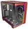 Ein rotes PC-Gehäuse mit Glasfenster zeigt mehrere Lüfter mit RGB-Beleuchtung. Es hat einen vorderen Bedienungsschalter und USB-Ports.