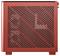 Ein rotes Computergehäuse mit diagonalen Lüftungsschlitzen auf der Seite, die die internen Komponenten zum Teil sichtbar machen.