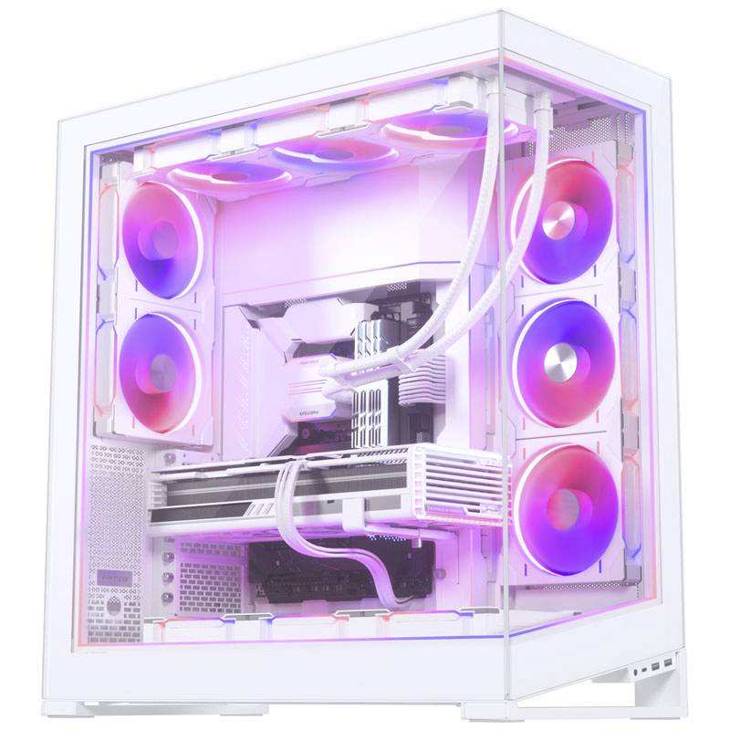 Weißer Gaming-PC mit durchscheinendem Gehäuse, mehreren beleuchteten Lüftern in Rosatönen und sichtbarer Verkabelung.