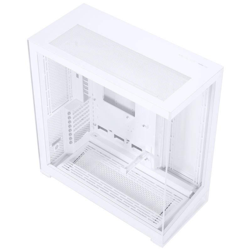 Ein weißes PC-Gehäuse mit transparenten Seiten, geeignet für den Zusammenbau eines Desktop-Computers, zeigt Innenraum für Komponenten.