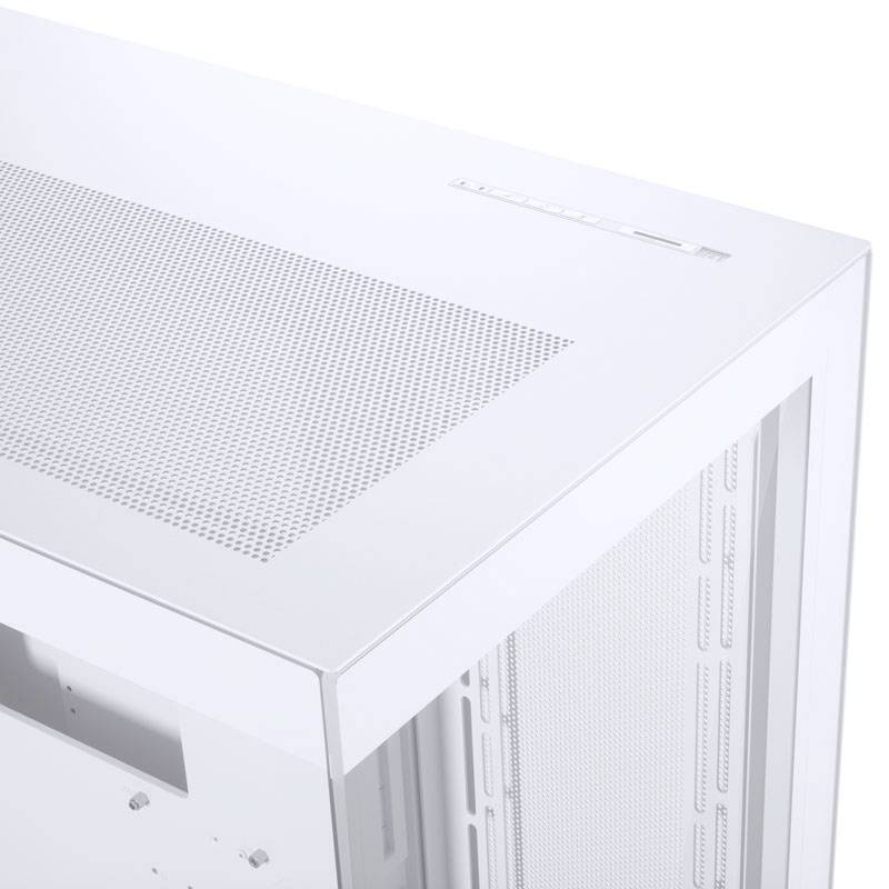 Weißes, modernes Computergehäuse mit perforiertem Oberteil für Belüftung. Geeignet für den Bau eines individuellen PCs.