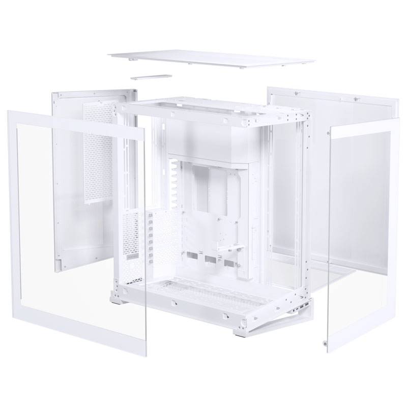 Computergehäuse in Einzelteilen, zeigt die Hauptstruktur und abnehmbare Seitenwände, geeignet für die Montage und Anpassung von Computerhardware.
