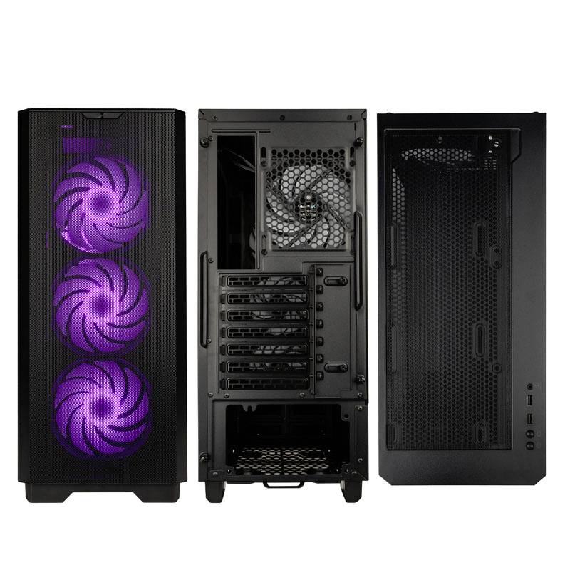 Schwarzes Computergehäuse mit drei lila beleuchteten Lüftern vorne, Rückseite zeigt mehrere Erweiterungssteckplätze und Anschlüsse.