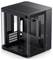 Schwarzes Computergehäuse mit transparenten Seitenteilen. Innen sind Lüfterhalterungen und mehrere Steckplätze sichtbar. Geeignet für PC-Bau.