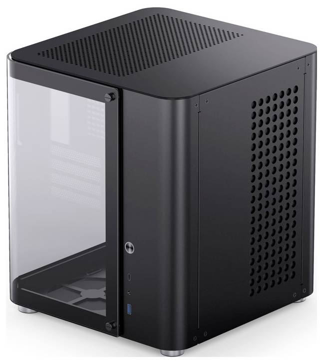 Schwarzes, würfelförmiges Computergehäuse mit transparentem Seitenteil und Luftlöchern an der oberen und seitlichen Fläche.