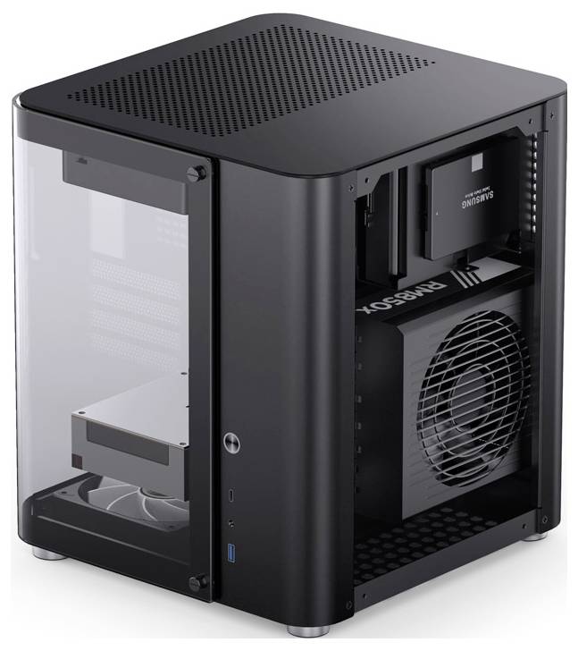 Ein schwarzes, transparentes Computergehäuse mit sichtbaren Komponenten, darunter eine Grafikkarte, ein Netzteil und ein Lüfter.