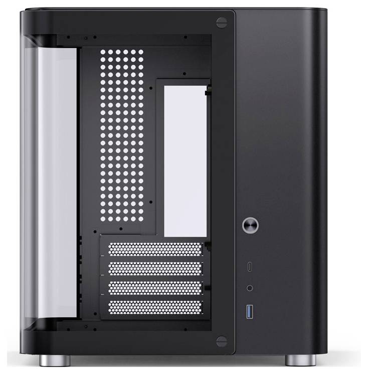 Schwarzes, leerstehendes PC-Gehäuse mit Glasplatte an der Seite, bietet Platz für mehrere Erweiterungskarten und Anschlüsse an der Front.