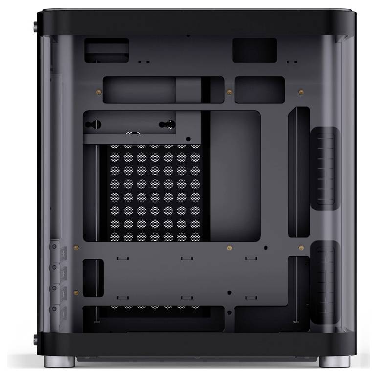 PC-Gehäuse aus schwarz lackiertem Metall und Glas mit mehreren Öffnungen für Kühlung und Kabel. Transparentes Seitenteil erlaubt Einblick.