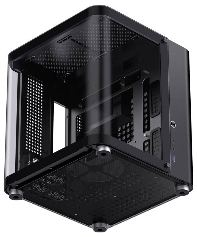 Ein quadratisches, schwarzes Computergehäuse mit sichtbaren Lüftungsschlitzen und Anschlüssen an der Vorderseite, freistehend.