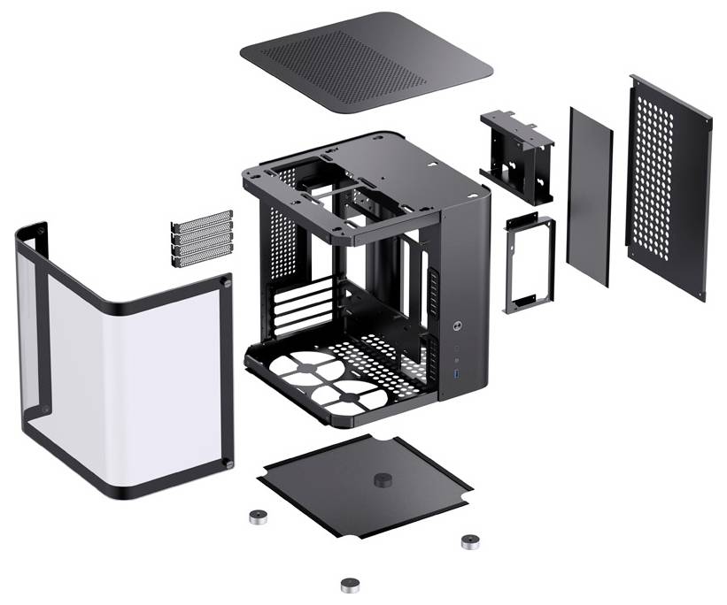 Explosionsdarstellung eines Computergehäuses mit abnehmbaren Panels und internen Strukturen, die Bauweise und Komponenten zeigen.