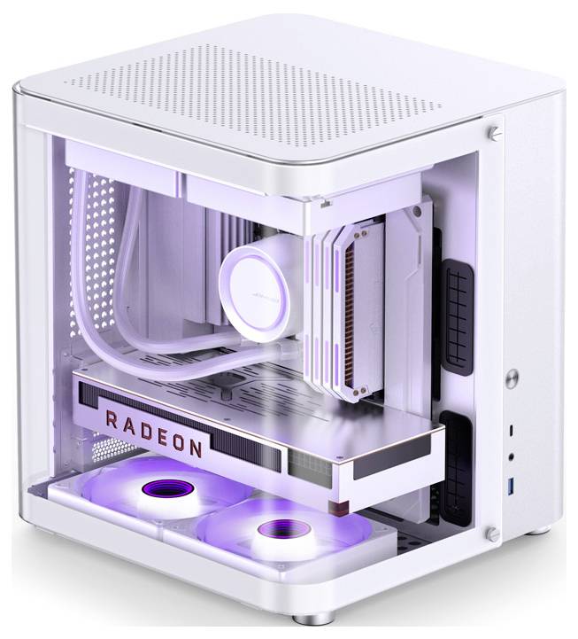 Ein weißer PC mit transparentem Gehäuse zeigt innen eine Grafikkarte mit 'RADEON'-Schriftzug und zwei beleuchtete Lüfter.