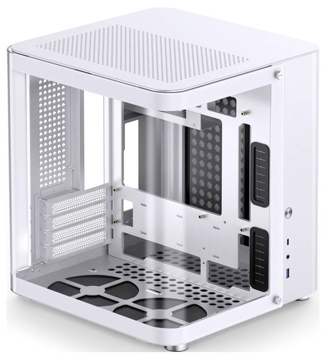 Ein weißes, minimalistisches Computergehäuse mit transparenten Seitenteilen, das innen leer ist. Es bietet Platz für Hardwarekomponenten.