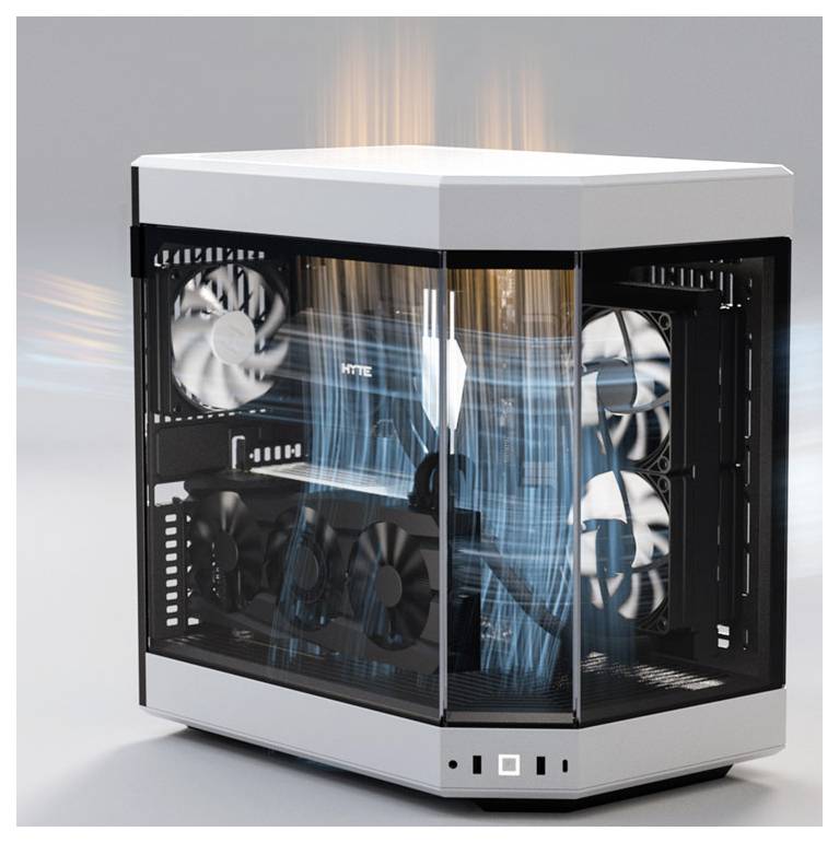 Ein weißes Computergehäuse mit transparenten Seiten und sichtbaren Kühlventilatoren zeigt den Luftstrom zum Kühlen der Komponenten.