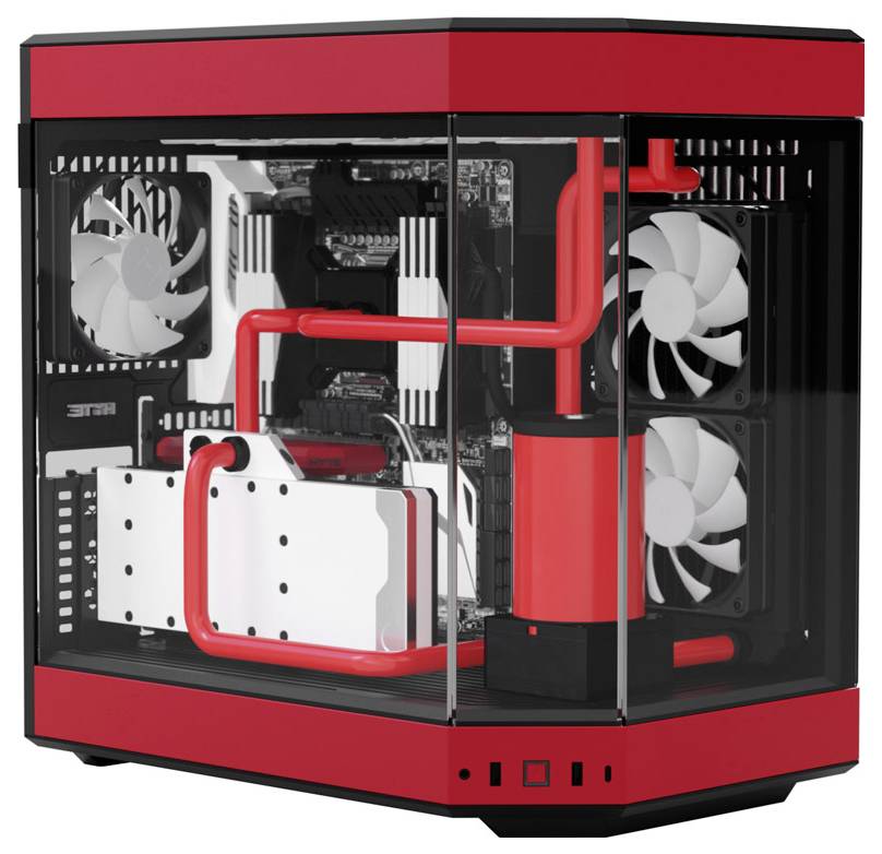 Ein offener Computer mit rotem Wasserkühlungssystem, mehreren Lüftern und einem transparenten Gehäuse.