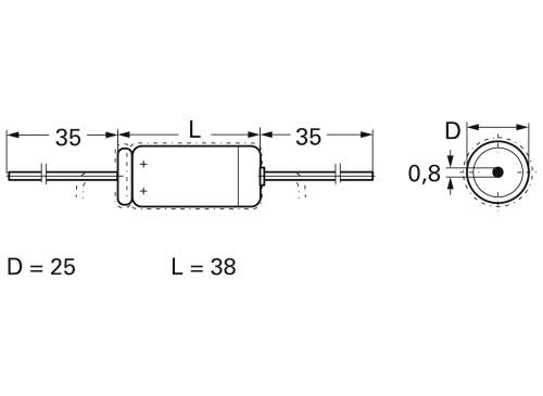 Technische Zeichnung eines zylindrischen Bauteils mit Maßen: Durchmesser 25 mm, Länge 38 mm, Anschlussstifte an beiden Enden.