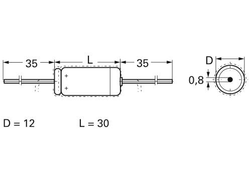 Technische Zeichnung eines zylindrischen Bauteils. Links, ein Abschnitt von 35 mm. Rechts, Gesamtlänge L = 30 mm, Durchmesser D = 12 mm. Ein weiteres Bauteil rechts hat D = 0,8 mm.