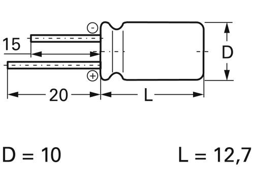Strichzeichnung eines zylindrischen Bauteils mit Maßen: Durchmesser (D) = 10 mm, Länge (L) = 12,7 mm. Maße für Pinabstände.