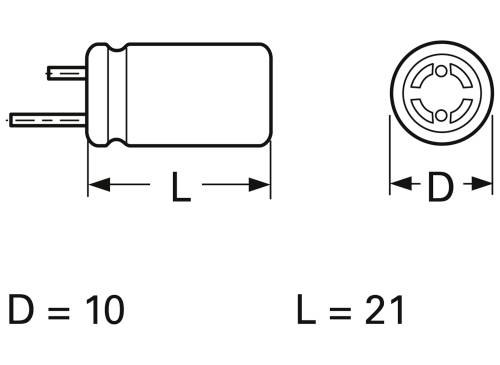 'Zeichnung eines zylindrischen elektronischen Bauteils. Länge (L) beträgt 21 und Durchmesser (D) beträgt 10.'