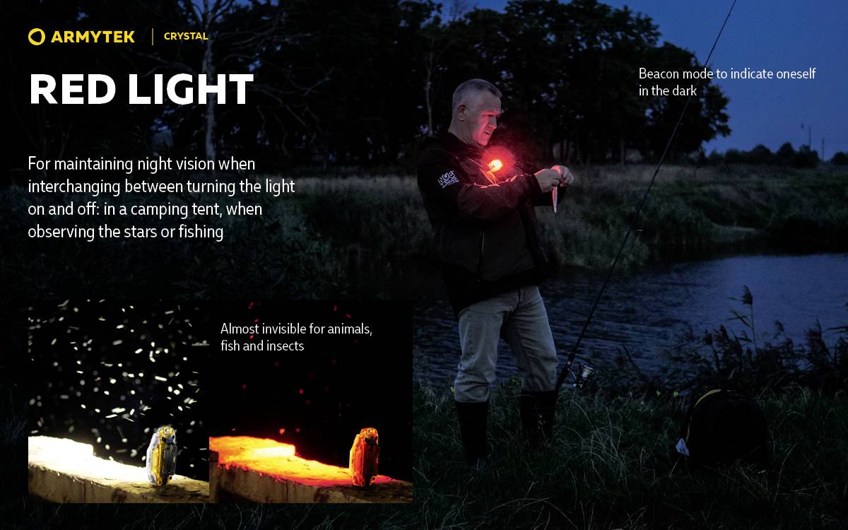 'Mann am See aktiviert rote Leuchte. Text erklärt Verwendung bei Nacht für Camping, Angeln. Bild zeigt Licht reflektierend auf Fisch.'