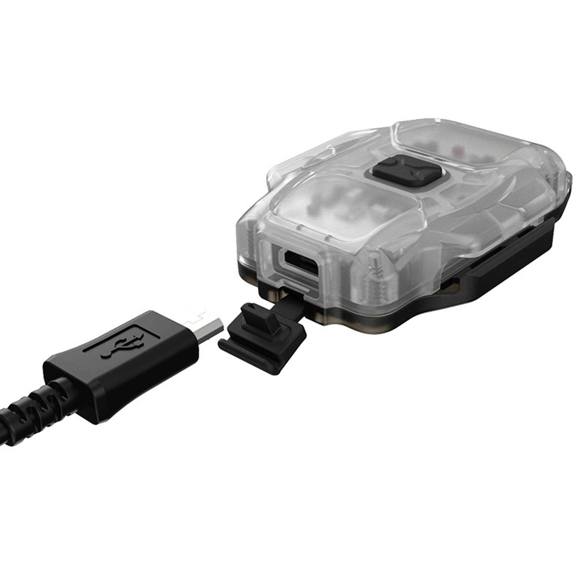 Kleines, durchsichtiges USB-Gerät mit abnehmbarem Micro-USB-Stecker, zeigt interne Komponenten. Geeignet für tragbare Elektronik.