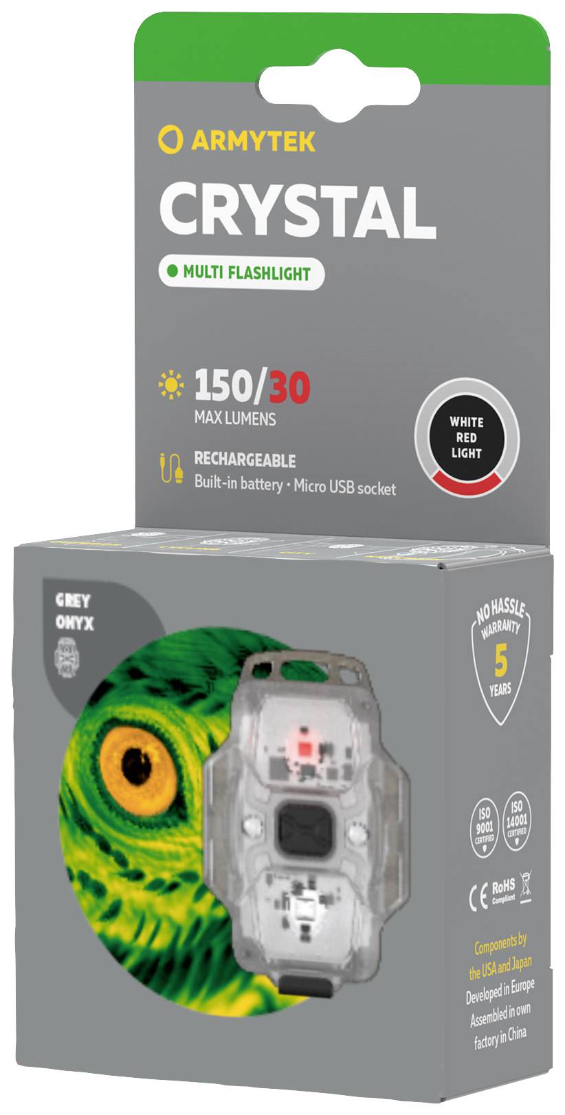 'Verpackung einer wiederaufladbaren Taschenlampe mit 150/30 Lumen. Integrierter Akku, Micro-USB-Anschluss, weiße/rote LED-Leuchten.'