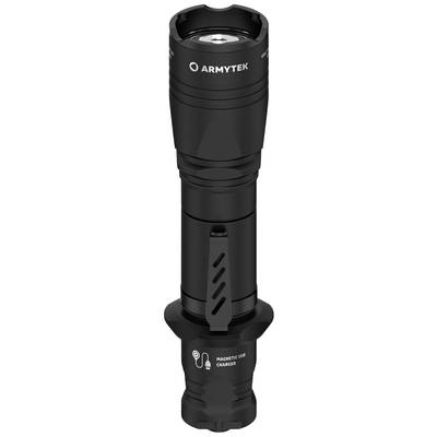 Schwarze Taschenlampe mit robustem Design, Markenlogo oben, Clip am Mittelteil und magnetischem USB-Ladeanschluss am unteren Ende.