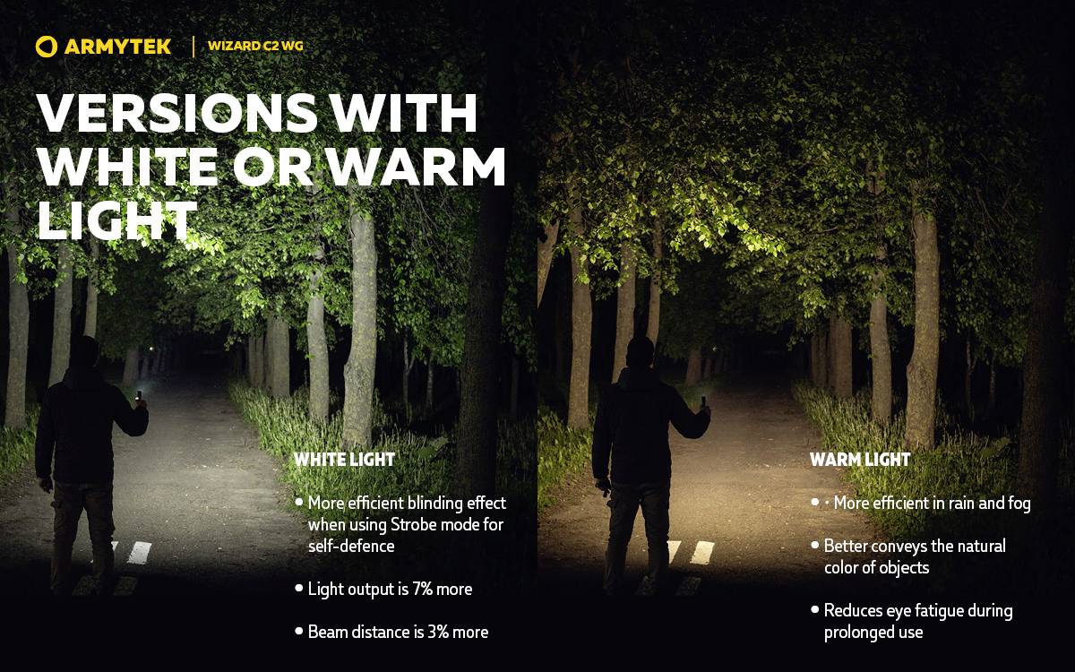 'VERSIONS WITH WHITE OR WARM LIGHT.' Links: Person auf Waldweg bei Weißlicht, Vorteile: bessere Blendung, kürzerer Strahl. Rechts: Warmlicht, Vorteile: effizienter bei Regen, natürlicher Farbton.