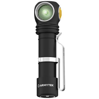 Schwarze Taschenlampe mit Clip, grün leuchtendes Licht an der Vorderseite, Aufschrift 'ARMYTEK' auf dem Griff. Ideal für Outdoor-Aktivitäten.