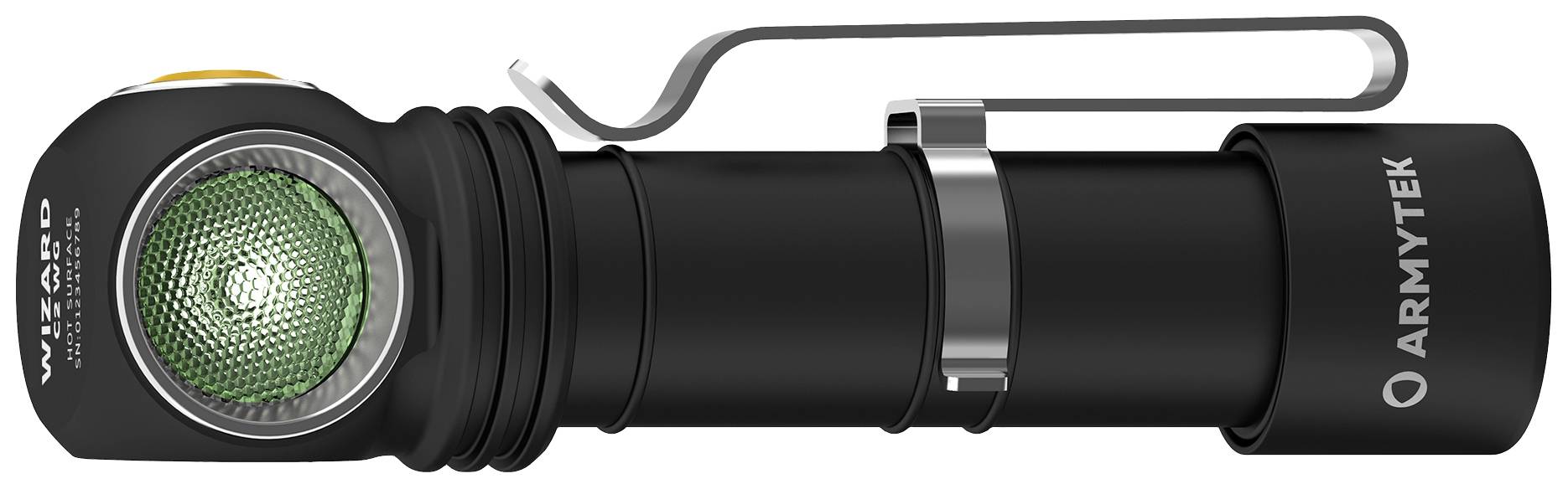 Schwarze taktische Taschenlampe mit seitlichem Knopf und grünem Licht, Markenname 'Armytek' auf dem Gehäuse.