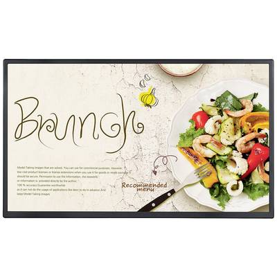 'Teller mit Meeresfrüchtesalat, Paprika und Oliven, neben dem Wort "Brunch" und einem kleinen Text; empfohlenes Menü.'