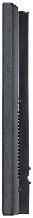 Seitenansicht eines dünnen schwarzen Monitors mit schmalem Rahmen und Lüftungsschlitzen.