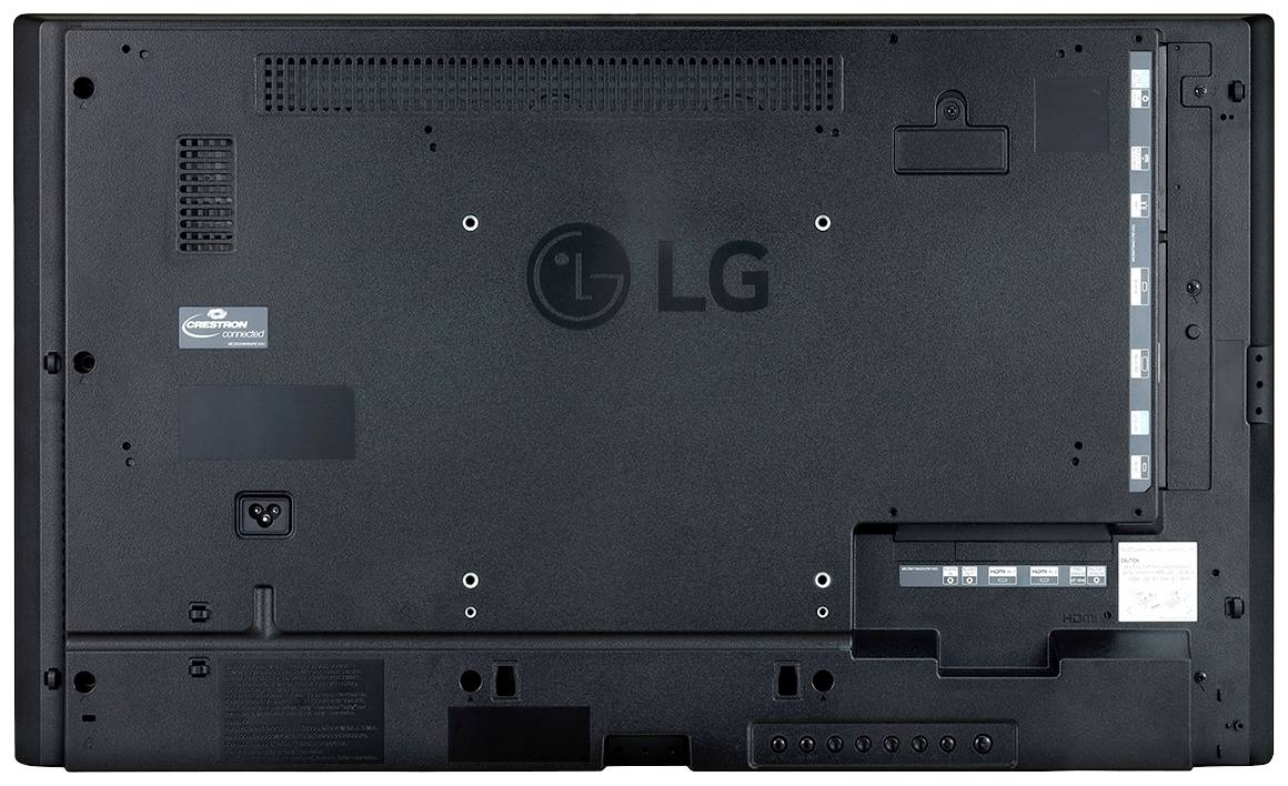 Ein schwarzer LG-Fernseher von hinten, zeigt Anschlüsse und Belüftungsschlitze. Markenlogo in der Mitte sichtbar.