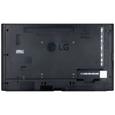 Ein schwarzer LG-Fernseher von hinten, zeigt Anschlüsse und Belüftungsschlitze. Markenlogo in der Mitte sichtbar.