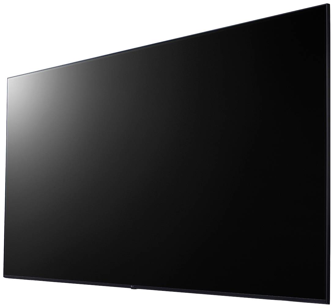 Flacher, schwarzer Fernseher mit dünnem Rahmen, aus einem Winkel betrachtet. Der Bildschirm ist ausgeschaltet und spiegelt leicht.