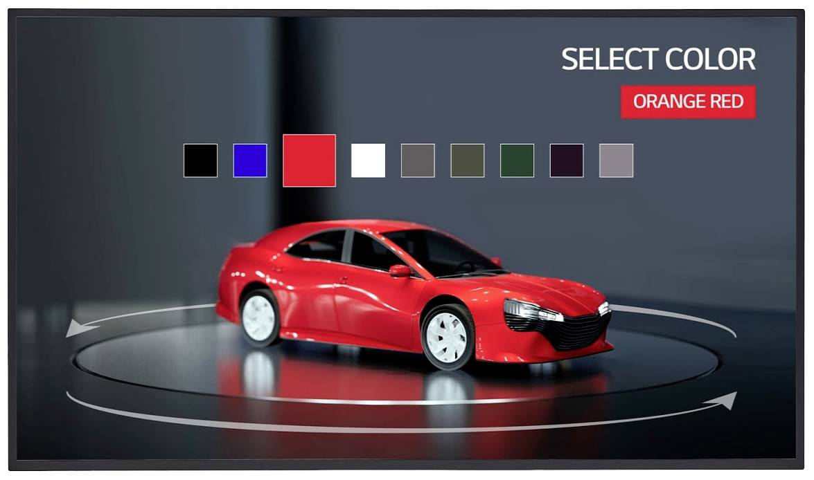 Rotes Auto auf Drehplattform. Oben rechts: Farbauswahl mit neun Optionen, darunter 'Orange Red'.