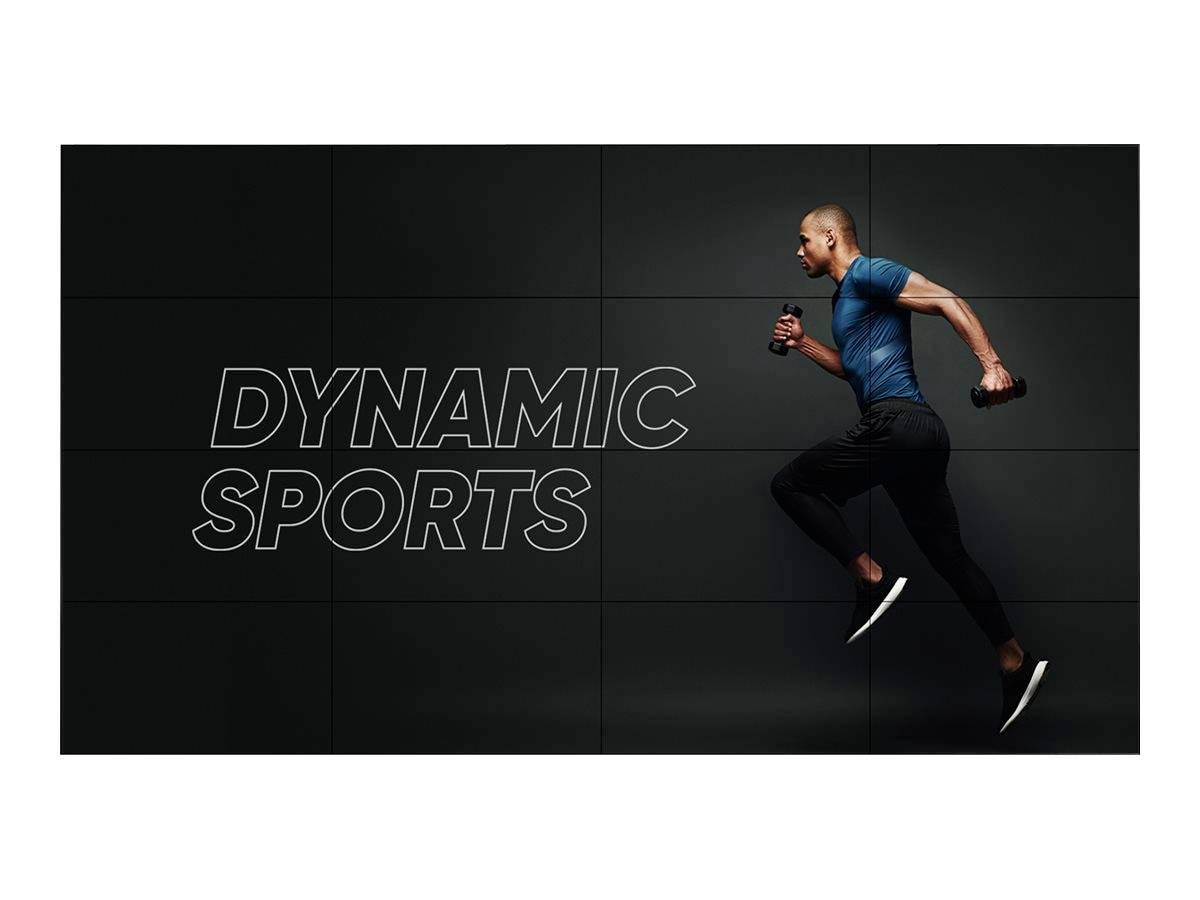 Ein Mann im Laufen mit Hanteln vor schwarzem Hintergrund, daneben der Text 'Dynamic Sports'.