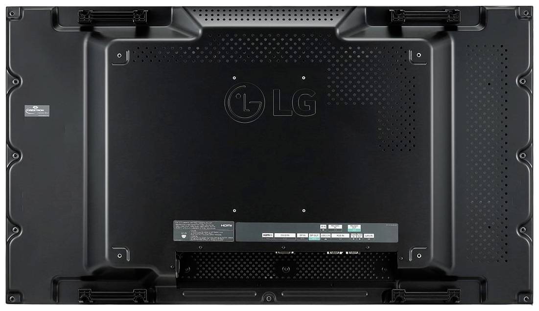 Rückseite eines LG-Fernsehers, zeigt den Anschlussbereich und Lüftungsschlitze.
