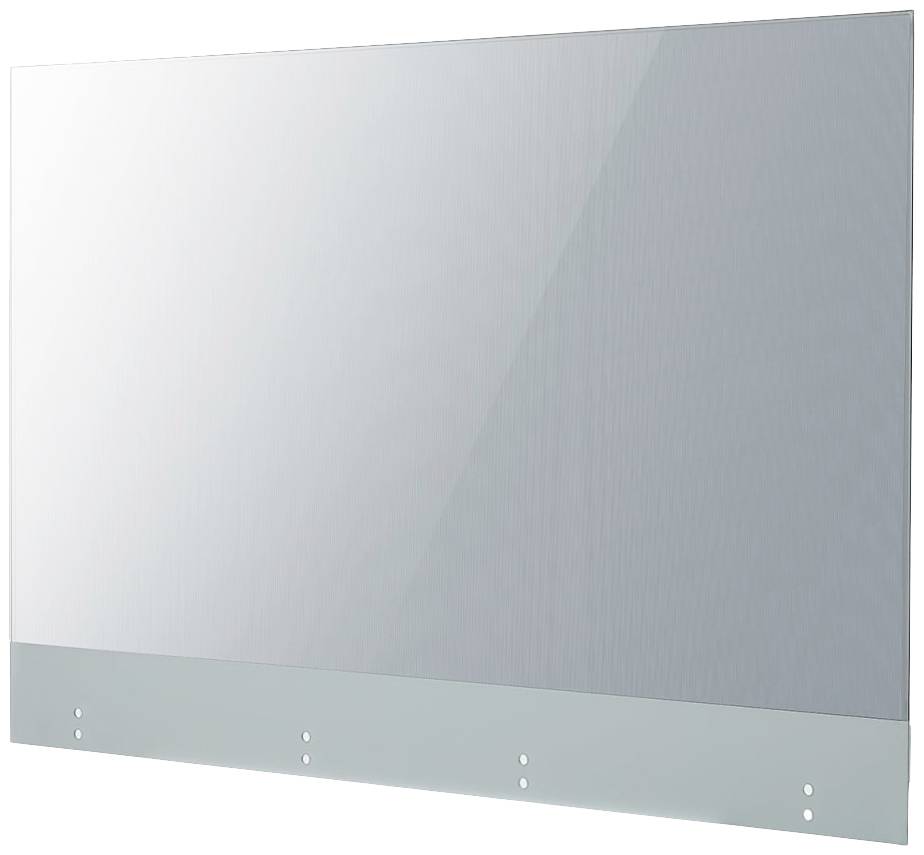 Glasplatte mit Metallkante und Bohrlöchern an der Unterseite; geeignet als Spritzschutz in einer Küche.