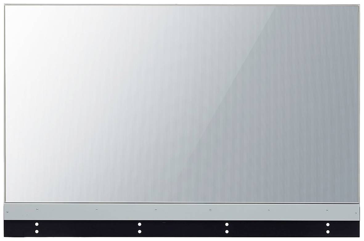 Ein großer rechteckiger Spiegel mit einem grauen Rahmen, darunter eine schwarze Leiste mit kleinen Löchern.