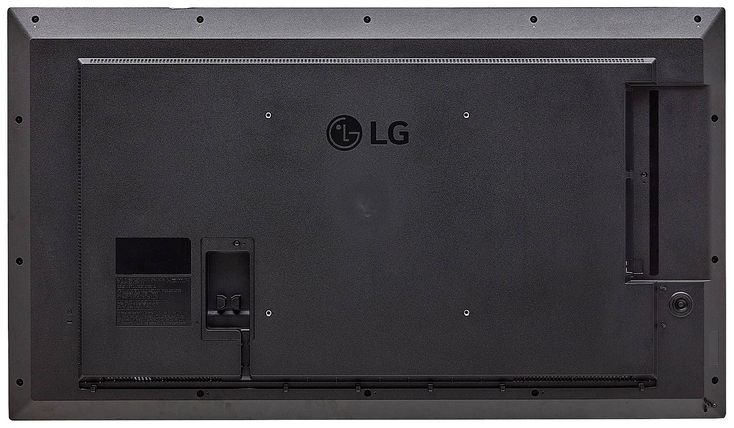 Rückseite eines LG-Monitors mit Anschlüssen und Belüftungsschlitzen.