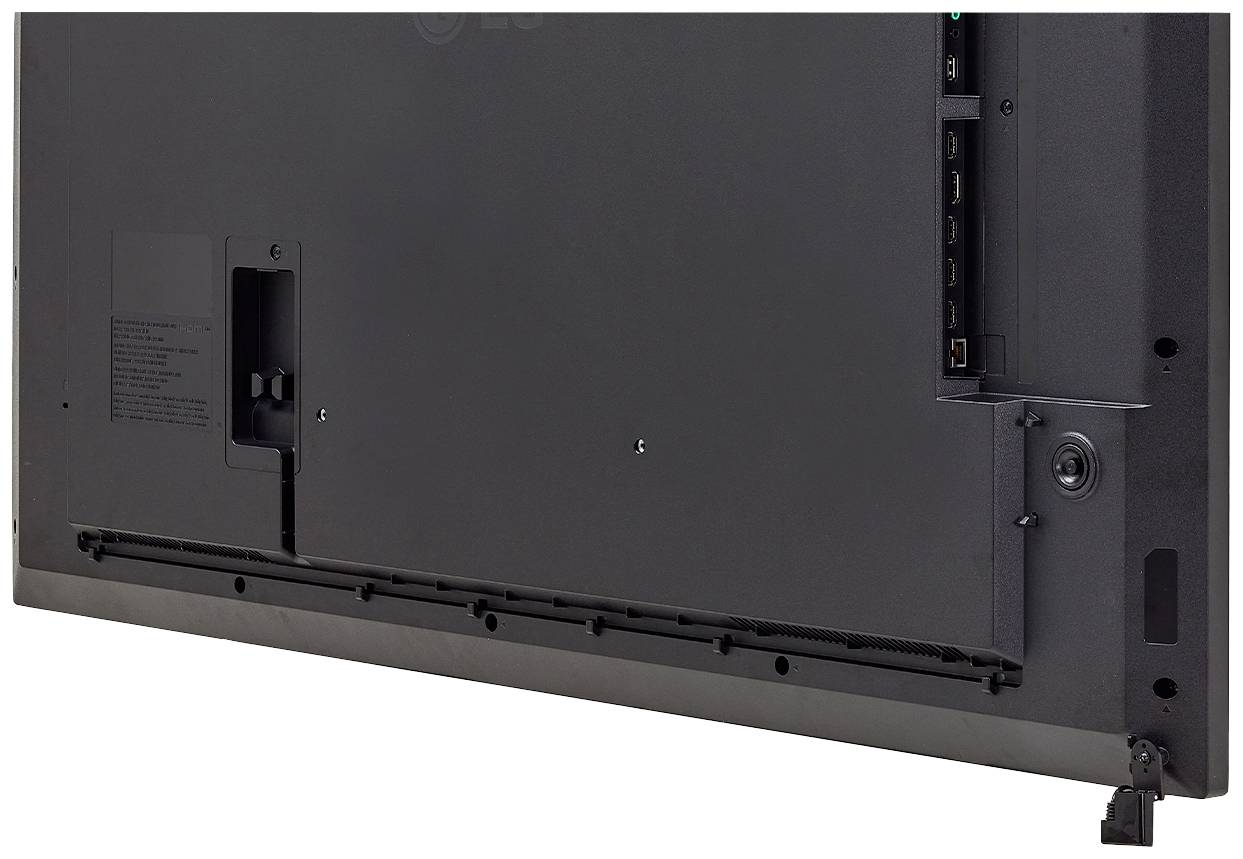 Rückseite eines Fernsehgeräts mit sichtbaren Anschlüssen und Wandhalterung.