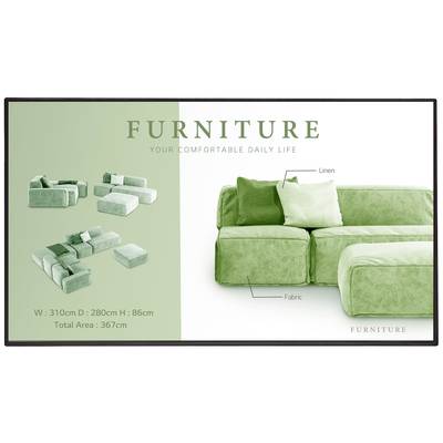 Grünes Sofa-Set, bestehend aus modularem Design. Rechte Seite im Fokus mit Text: 'FURNITURE YOUR COMFORTABLE DAILY LIFE'. Maße: 310cm x 280cm x 86cm. Gesamtfläche: 367cm². Material: Stoff und Leinen.